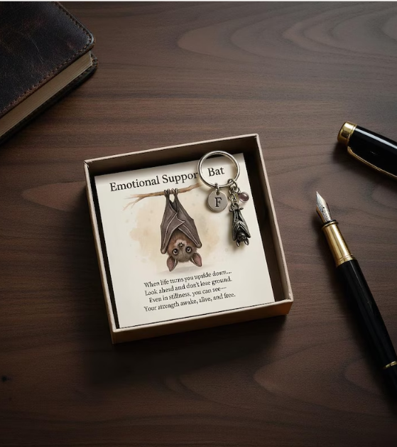 Emotional Support Bat Keychain, Vintage Bat Pendant with Encouragement Verse Card, Inspirational Gift for Friends