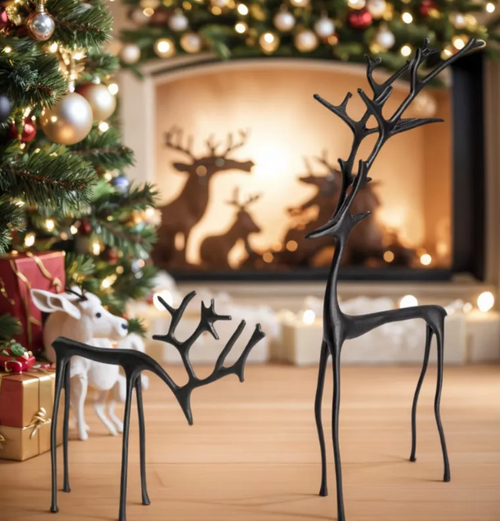 Christmas Reindeer Decorations Set of 2, Black Aluminum Reindeer Statues, Modern Xmas Figurines for Table, Mantel, Living Room Decor