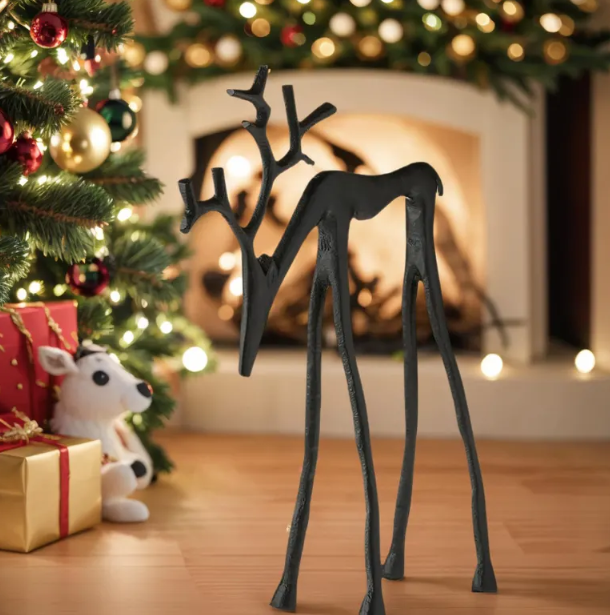 Christmas Reindeer Decorations Set of 2, Black Aluminum Reindeer Statues, Modern Xmas Figurines for Table, Mantel, Living Room Decor
