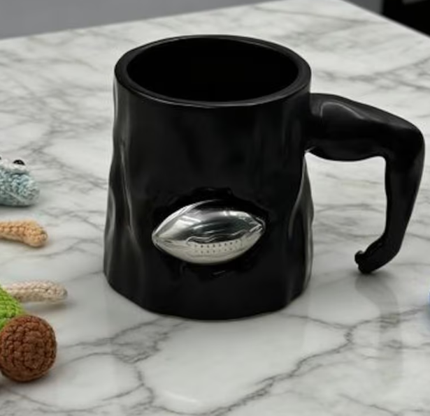 Tactical Football Embossed Ceramic Mug, 12oz Matte 3D Relief Coffee Tea Cup with Stainless Steel Football Accent, Gift for Sports Fans
