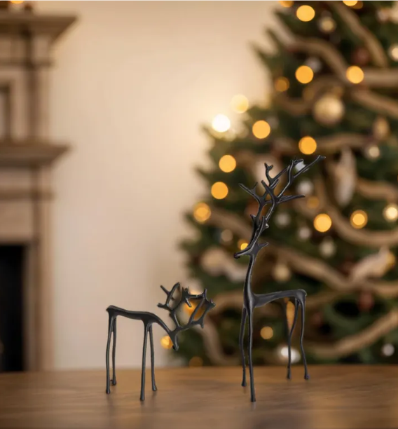 Christmas Reindeer Decorations Set of 2, Black Aluminum Reindeer Statues, Modern Xmas Figurines for Table, Mantel, Living Room Decor